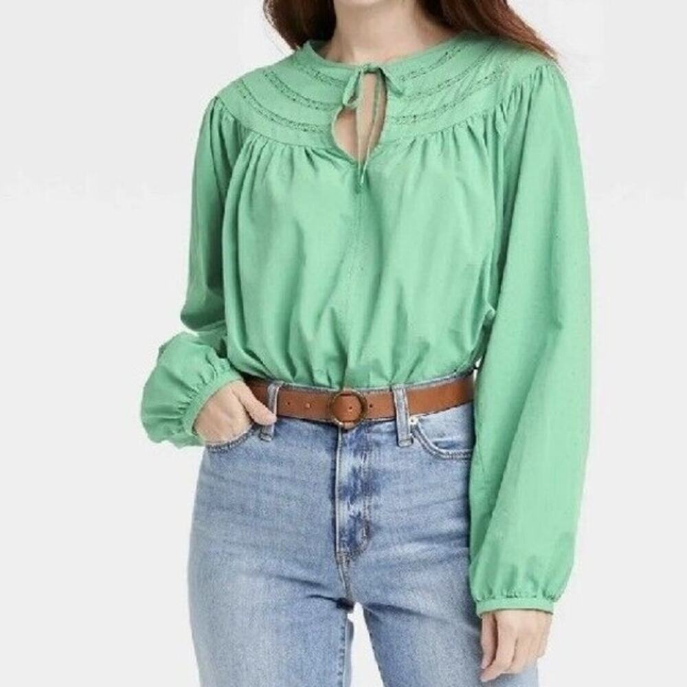 Universal Thread Women's Tie-Front V-Neck Balloon Long Sleeve Top Size M Green